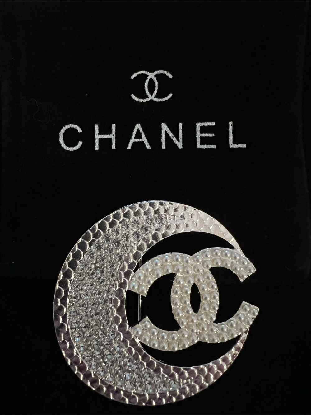 CHANEL Silver Crescent Moon CC Pearl Brooch